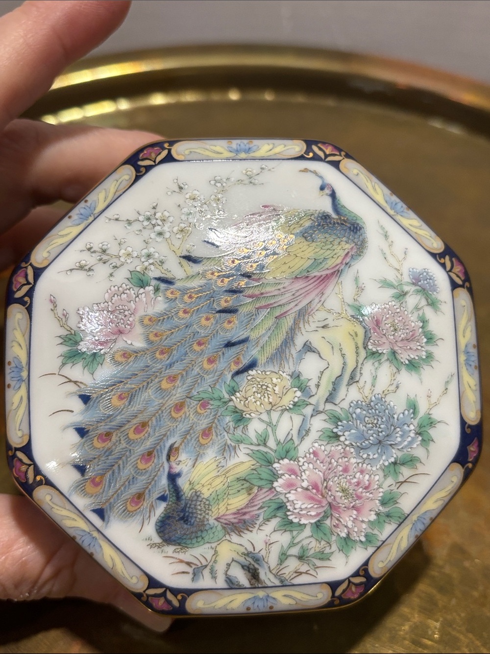Porcelain Trinket Box with Peacock Design